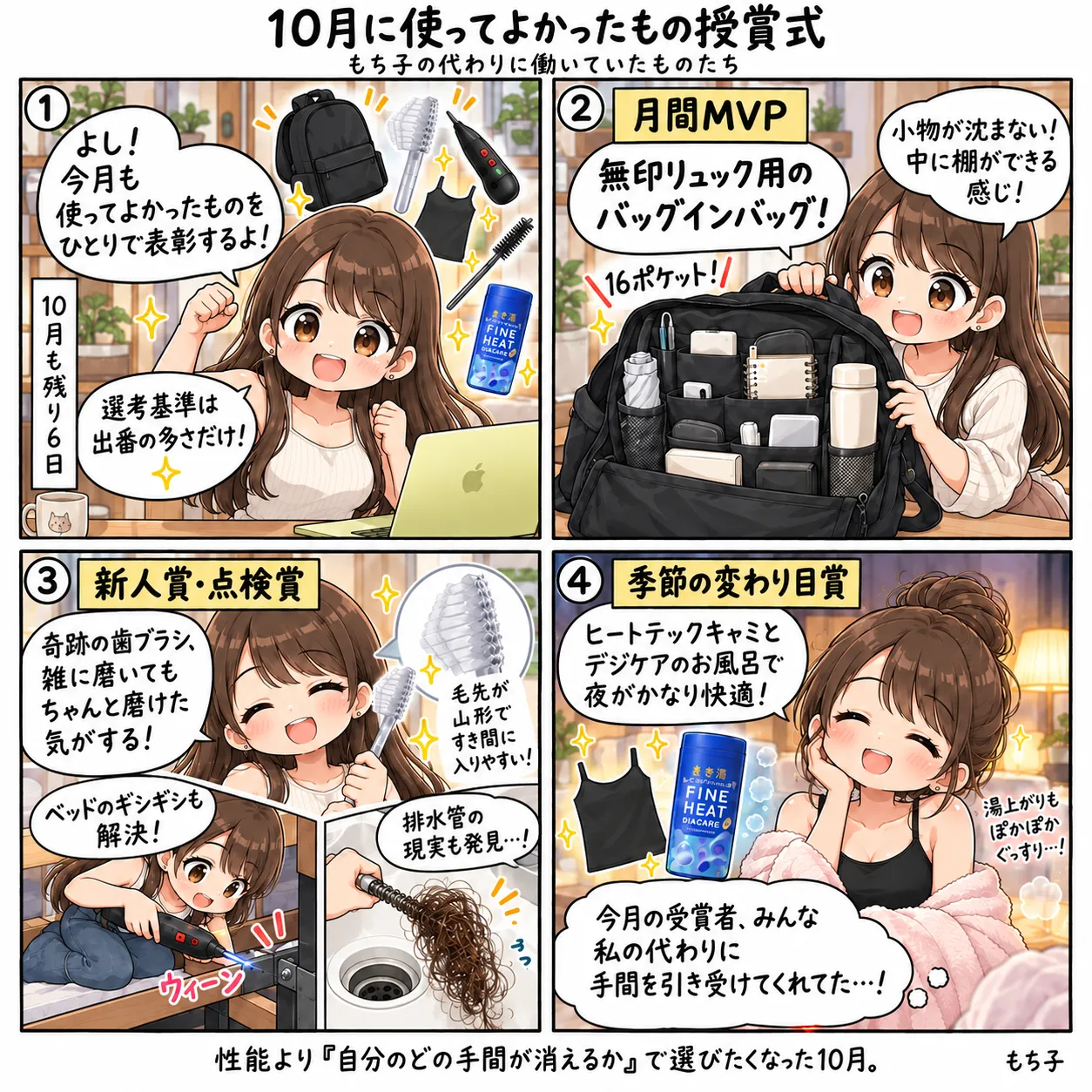 10月に使ってよかったものをひとりで表彰するもち子。月間MVPは16ポケットで中に棚ができる無印リュック用のバッグインバッグ、新人賞は雑に磨いてもちゃんと磨けた気がする奇跡の歯ブラシ、点検賞はベッドのギシギシを止めた電動ドライバーと排水管の髪を引き出したブラシ、季節の変わり目賞はヒートテックのキャミとデジケアのお風呂。受賞者はみんな、もち子の代わりに手間を引き受けていた(4コマ)