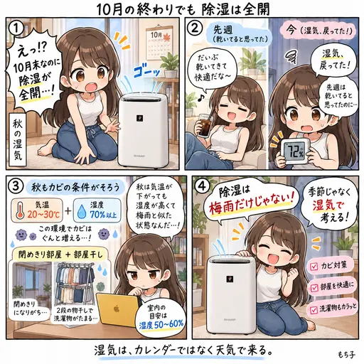 10月の終わりなのに、空気清浄機の除湿が全開だった。先週は乾いていたのに、湿気は梅雨だけのものじゃなかった(4コマ漫画)