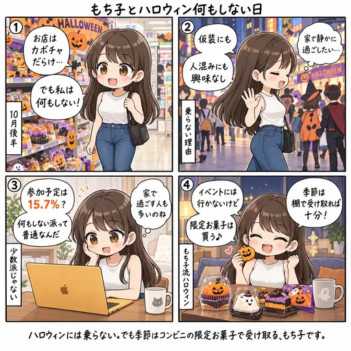 お店はカボチャだらけだけど、ハロウィンは何もしない。仮装にも人混みにも興味がないので、コンビニの限定お菓子だけ買って季節を受け取る話(4コマ漫画)