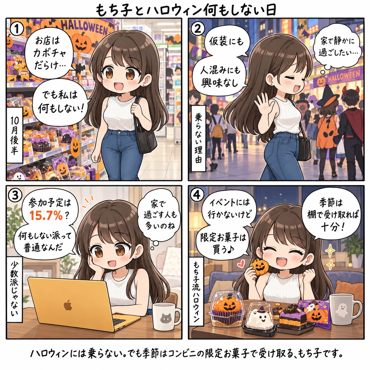 お店はカボチャだらけでも、仮装にも人混みにも興味がないのでハロウィンは何もしない。調べたら行事の参加予定は15.7%で、何もしない派はふつうだった。イベントには行かないけど、コンビニの限定お菓子だけは買って季節を楽しむもち子(4コマ)